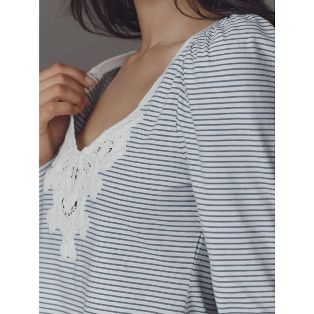 ANTHROPOLOGIE MAEVE Lace Detail Puff-Shoulder Long-Sleeve Knit Top Blue Stripe